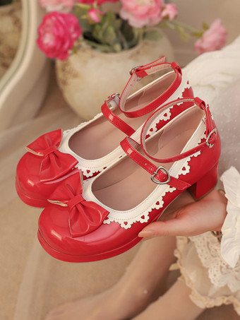 スイートロリータシューズ ホワイトリボン ラウンドトゥ PUレザー ロリータパンプス
