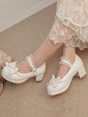 blanco Zapatos Lolita Dulces con Lazos Rosas Cuero PU Tacón Grueso Bombas Lolita