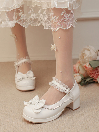 Zapatos Lolita Dulces con Lazos Rosas Cuero PU Tacón Grueso Bombas Lolita