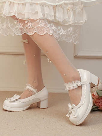 Zapatos Lolita Dulces con Lazos Rosas Cuero PU Tacón Grueso Bombas Lolita