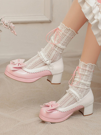 Zapatos Lolita Dulces con Lazos Rosas Cuero PU Tacón Grueso Bombas Lolita