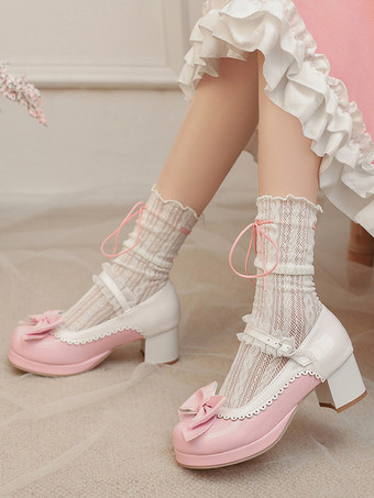 Zapatos Lolita Dulces con Lazos Rosas Cuero PU Tacón Grueso Bombas Lolita