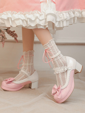 Zapatos Lolita Dulces con Lazos Rosas Cuero PU Tacón Grueso Bombas Lolita