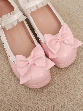 Zapatos Lolita Dulces con Lazos Rosas Cuero PU Tacón Grueso Bombas Lolita