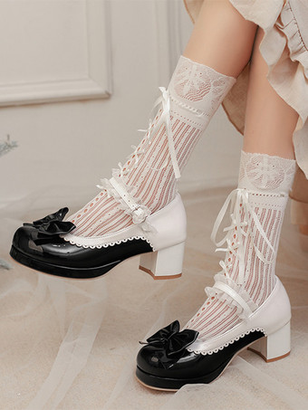 negro Zapatos Lolita Dulces con Lazos Rosas Cuero PU Tacón Grueso Bombas Lolita