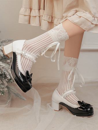 Zapatos Lolita Dulces con Lazos Rosas Cuero PU Tacón Grueso Bombas Lolita