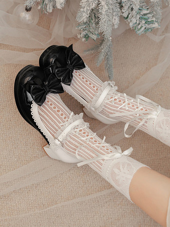 Zapatos Lolita Dulces con Lazos Rosas Cuero PU Tacón Grueso Bombas Lolita
