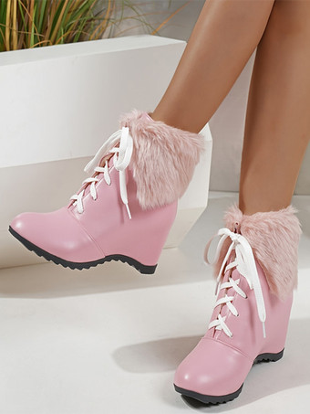 スイートロリータブーツ PUレザー ラウンドトゥ ピンク ロリータシューズ