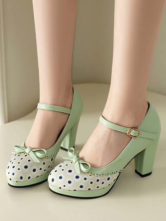 Light Green Classic Sweet Lolita Shoes Light Green Bows PU Leather Chunky Heel Lolita Pumps