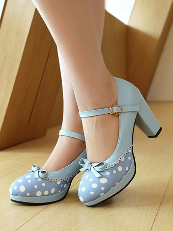 Light Sky BlueClassic Sweet Lolita Shoes Light Green Bows PU Leather Chunky Heel Lolita Pumps