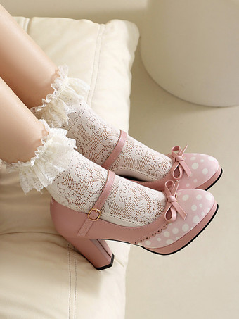 Classic Sweet Lolita Shoes Light Green Bows PU Leather Chunky Heel Lolita Pumps