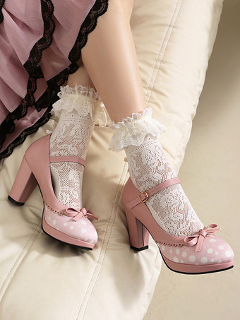 Classic Sweet Lolita Shoes Light Green Bows PU Leather Chunky Heel Lolita Pumps