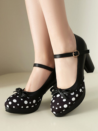 Black Classic Sweet Lolita Shoes Light Green Bows PU Leather Chunky Heel Lolita Pumps