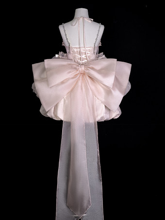 Sweet Lolita Dress Jacquard Bows Jumper Skirt Pink Detachable Sleeves Bloom Silhouette With Train Lolita Dress