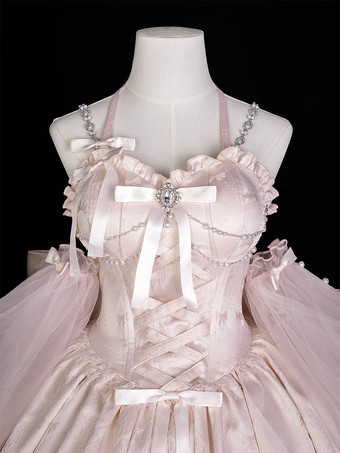 Sweet Lolita Dress Jacquard Bows Jumper Skirt Pink Detachable Sleeves Bloom Silhouette With Train Lolita Dress