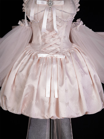 Sweet Lolita Dress Jacquard Bows Jumper Skirt Pink Detachable Sleeves Bloom Silhouette With Train Lolita Dress