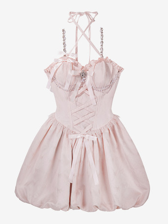 Sweet Lolita Dress Jacquard Bows Jumper Skirt Pink Detachable Sleeves Bloom Silhouette With Train Lolita Dress