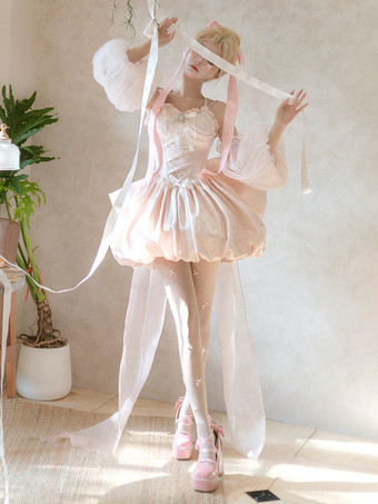 Sweet Lolita Dress Jacquard Bows Jumper Skirt Pink Detachable Sleeves Bloom Silhouette With Train Lolita Dress