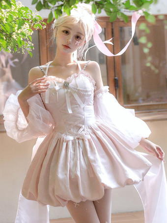 Sweet Lolita Dress Jacquard Bows Jumper Skirt Pink Detachable Sleeves Bloom Silhouette With Train Lolita Dress