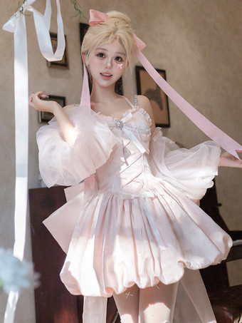 Sweet Lolita Dress Jacquard Bows Jumper Skirt Pink Detachable Sleeves Bloom Silhouette With Train Lolita Dress