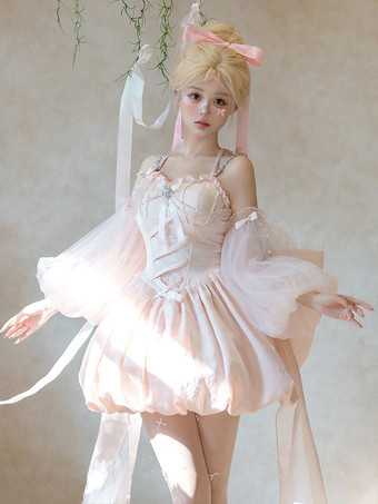 Sweet Lolita Dress Jacquard Bows Jumper Skirt Pink Detachable Sleeves Bloom Silhouette With Train Lolita Dress