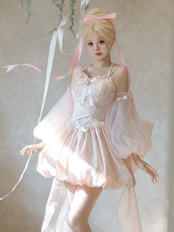 Sweet Lolita Dress Jacquard Bows Jumper Skirt Pink Detachable Sleeves Bloom Silhouette With Train Lolita Dress