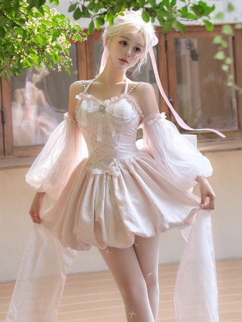 PinkSweet Lolita Dress Jacquard Bows Jumper Skirt Pink Detachable Sleeves Bloom Silhouette With Train Lolita Dress