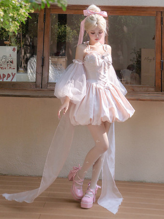 Sweet Lolita Dress Jacquard Bows Jumper Skirt Pink Detachable Sleeves Bloom Silhouette With Train Lolita Dress