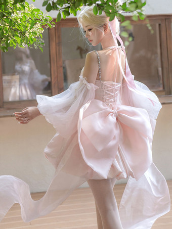 Sweet Lolita Dress Jacquard Bows Jumper Skirt Pink Detachable Sleeves Bloom Silhouette With Train Lolita Dress