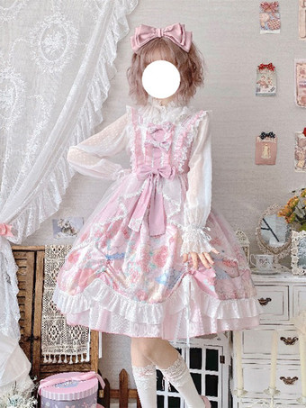 ピンクスイートロリータドレス ウサギ柄 リボン ジャンパースカート スイートピンク ノースリーブロリータドレス