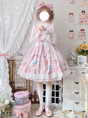 スイートロリータドレス ウサギ柄 リボン ジャンパースカート スイートピンク ノースリーブロリータドレス