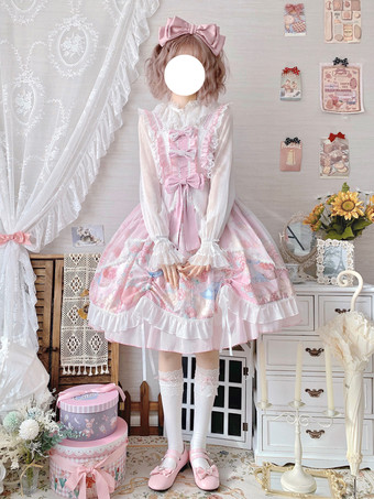 スイートロリータドレス ウサギ柄 リボン ジャンパースカート スイートピンク ノースリーブロリータドレス