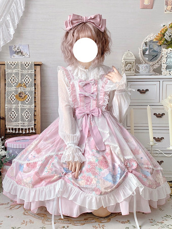 スイートロリータドレス ウサギ柄 リボン ジャンパースカート スイートピンク ノースリーブロリータドレス