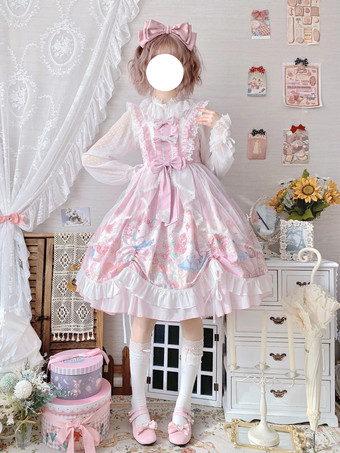スイートロリータドレス ウサギ柄 リボン ジャンパースカート スイートピンク ノースリーブロリータドレス