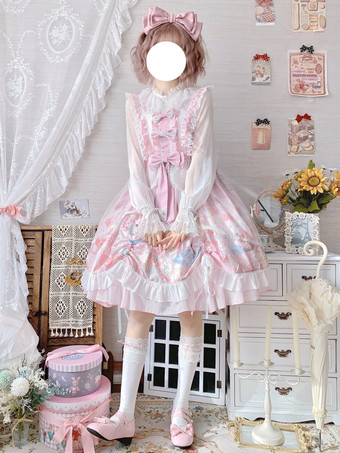 スイートロリータドレス ウサギ柄 リボン ジャンパースカート スイートピンク ノースリーブロリータドレス