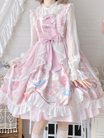 スイートロリータドレス ウサギ柄 リボン ジャンパースカート スイートピンク ノースリーブロリータドレス
