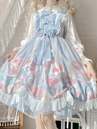 ブルー スイートロリータドレス ウサギ柄 リボン ジャンパースカート スイートピンク ノースリーブロリータドレス