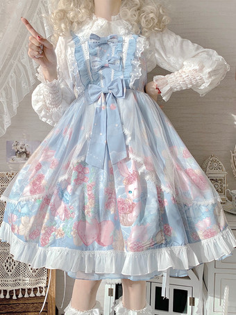 スイートロリータドレス ウサギ柄 リボン ジャンパースカート スイートピンク ノースリーブロリータドレス