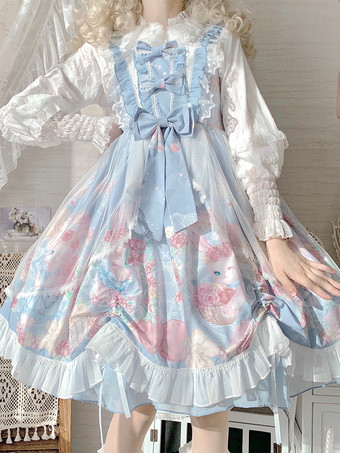 スイートロリータドレス ウサギ柄 リボン ジャンパースカート スイートピンク ノースリーブロリータドレス