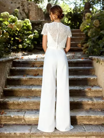 knee length dresses for ladies Bow-Detail Lace Flared Jumpsuit in Ivory - XL / Regular main image 0