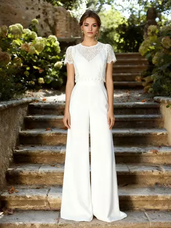 Bridal Jumpsuit 2 Pieces Wedding Dress Stretch Crepe Lace Floor-Length  Jumpsuit V-Neck Short Sleeves Natural Waist White - Milanoo.com