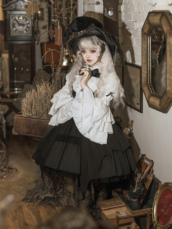 Gothic Lolita Set Schwarz Dunkles Magical Girl Rüschen Hexenkleid Langarmshirt Pullover Rock Sets