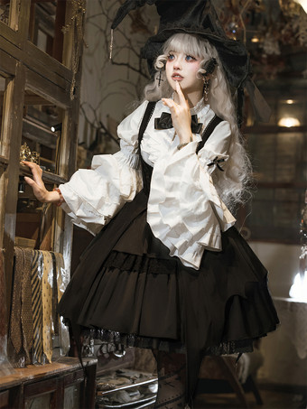 Gothic Lolita Set Schwarz Dunkles Magical Girl Rüschen Hexenkleid Langarmshirt Pullover Rock Sets