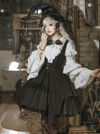 Gothic Lolita Set Schwarz Dunkles Magical Girl Rüschen Hexenkleid Langarmshirt Pullover Rock Sets