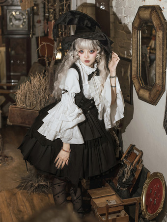 Gothic Lolita Set Schwarz Dunkles Magical Girl Rüschen Hexenkleid Langarmshirt Pullover Rock Sets