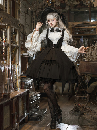 Gothic Lolita Set Schwarz Dunkles Magical Girl Rüschen Hexenkleid Langarmshirt Pullover Rock Sets