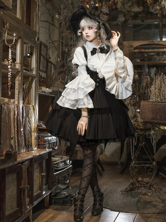 Gothic Lolita Set Schwarz Dunkles Magical Girl Rüschen Hexenkleid Langarmshirt Pullover Rock Sets