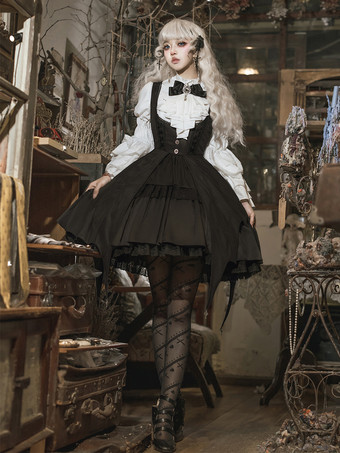Gothic Lolita Set Schwarz Dunkles Magical Girl Rüschen Hexenkleid Langarmshirt Pullover Rock Sets