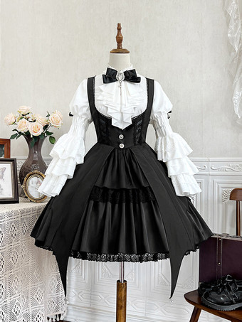 Gothic Lolita Set Schwarz Dunkles Magical Girl Rüschen Hexenkleid Langarmshirt Pullover Rock Sets