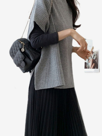 シックなジュエルネックグレー半袖トップスニットトップスレディースファッション